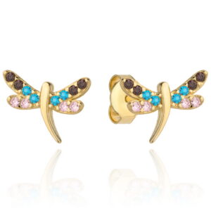 Kolczyki złota ważka wysadzana kolorowymi cyrkoniami