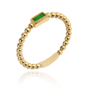 Pierścionek złote kulki i prostokąt kamień butelkowa zieleń