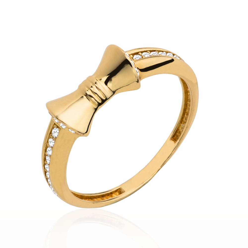 Pierścionek złoty kokarda i cyrkonie