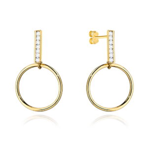 Kolczyki złote kółko zawieszone na pręciku z cyrkoniami