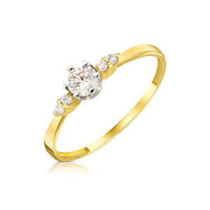 Pierścionek złoty z centralną cyrkonią i subtelnym zdobieniem