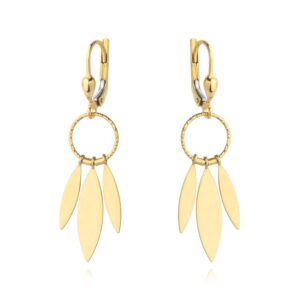 Kolczyki złote gładkie listki na diamentowanym kółku