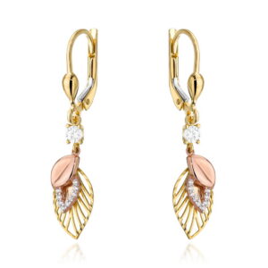 Kolczyki złote listki zdobione cyrkoniami w trzech kolorach złota