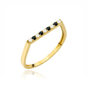 Pierścionek złoty z białymi cyrkoniami i czarnymi kamieniami w rzędzie