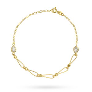 Bransoletka złote połączone kulki i łezka z białego kamienia