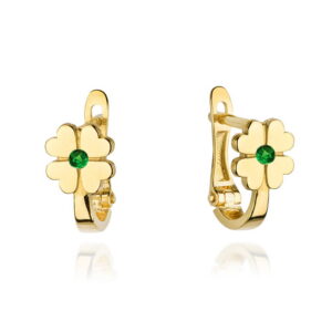 Kolczyki złote czterolistna koniczyna z zieloną cyrkonią