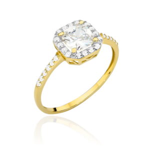 Pierścionek złoty z kwadratowym kamieniem, cyrkoniami i rodowaniem