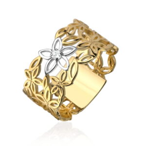 Pierścionek kwiecisty i kwiatek z białego złota z cyrkonią