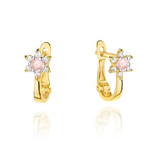 Kolczyki złote kwiatuszki z cyrkoniami i środkiem w kolorze różowym