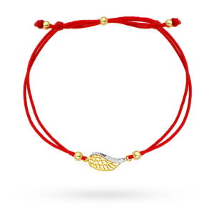 Bransoletka skrzydełko z cyrkoniami na czerwonym sznurku