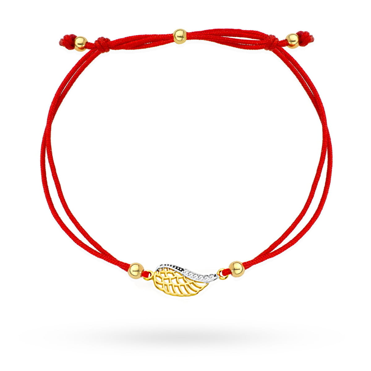 Bransoletka skrzydełko z cyrkoniami na czerwonym sznurku