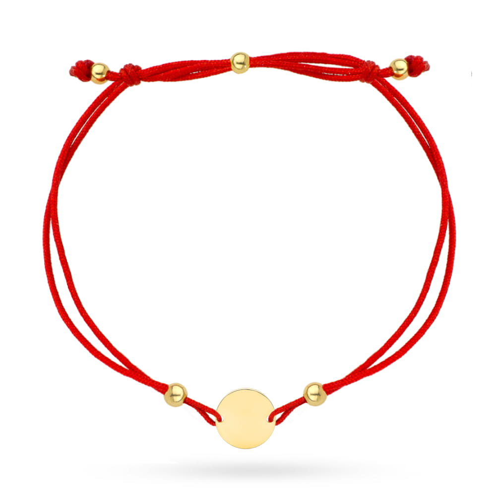 Bransoletka złote kółko i kulki na czerwonym sznurku