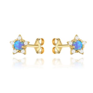 Kolczyki złote gwiazdki z cyrkoniami i kamień opalit