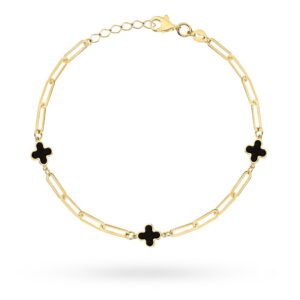 Bransoletka złota długie ogniwa i czarne koniczynki
