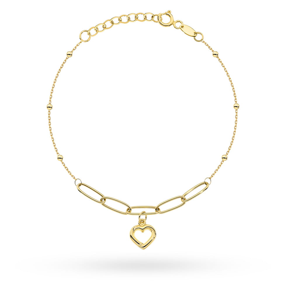 Bransoletka złota z długimi ogniwami, sercem i gładkimi kulkami
