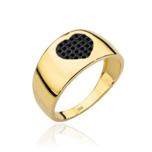 Pierścionek złoty szeroki z sercem wysadzanym czarnymi kamieniami
