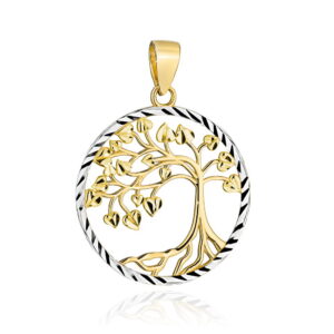 Zawieszka złota drzewko szczęścia w dwukolorowym diamentowanym kole