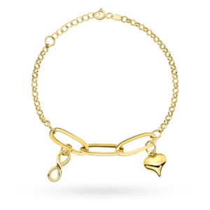 Bransoletka złota z długimi ogniwami i wiszącym sercem i znakiem nieskończoności