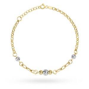 Bransoletka złota z owalami i diamentowanymi kulkami w dwóch kolorach złota