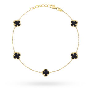 Bransoletka złota z pięcioma czarnymi koniczynkami