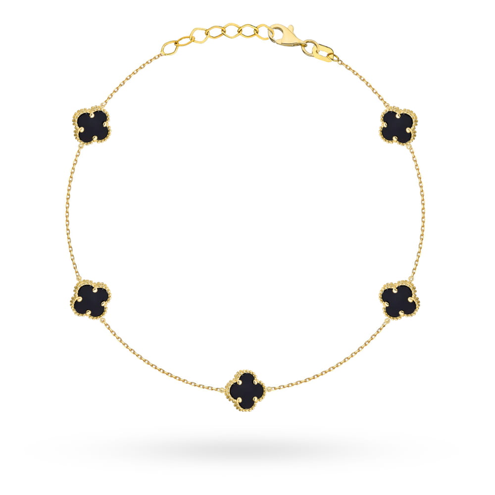Bransoletka złota z pięcioma czarnymi koniczynkami