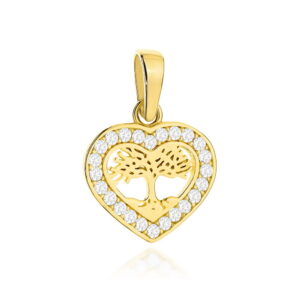 Zawieszka złota drzewko szczęścia w serduszku wysadzanym cyrkoniami