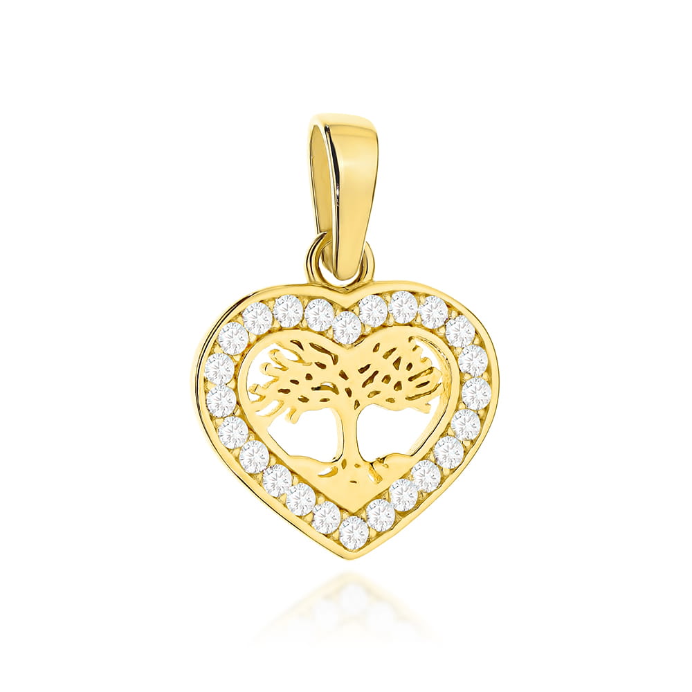 Zawieszka złota drzewko szczęścia w serduszku wysadzanym cyrkoniami
