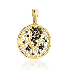 Zawieszka złota ażurowe kółko z czarnymi kamieniami