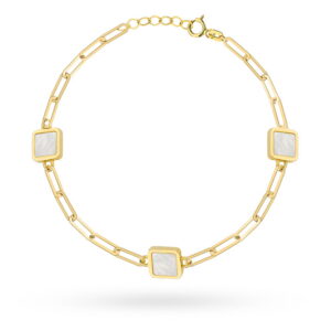 Bransoletka złota długie ogniwa i kwadraty z masą perłową