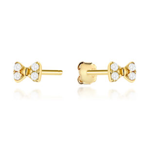 Kolczyki złote kokardki zdobione cyrkoniami na sztyfcie