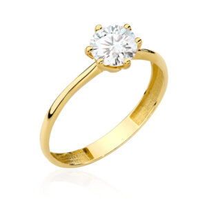 Pierścionek złoty z gładką szyną i centralną cyrkonią w sześciu łapkach