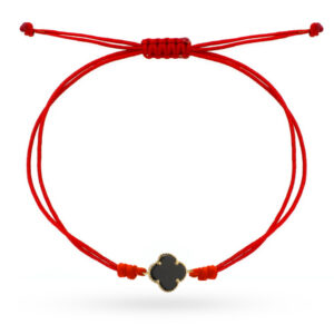 Bransoletka złota czarna koniczynka na czerwonym sznurku