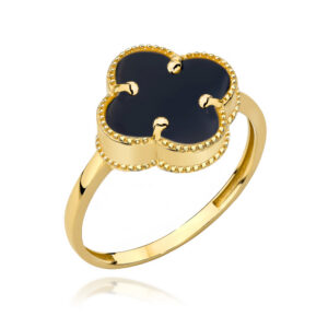 Pierścionek złoty koniczynka z czarnym kamieniem w złotej oprawie