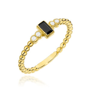 Pierścionek złoty z kuleczek z czarnym kamieniem i cyrkoniami