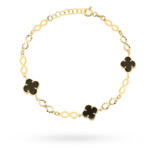 Bransoletka złota znaki nieskończoności i czarne koniczynki