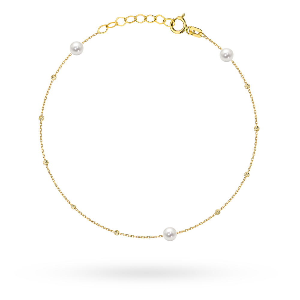 Bransoletka złota z delikatnymi diamentowanymi kuleczkami i perłami
