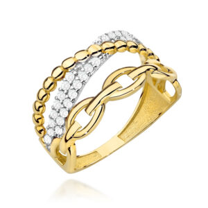 Pierścionek złoty podwójny z ogniwami, cyrkoniami i gładkimi kuleczkami