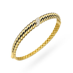 Bransoletka złota sztywna pleciona zdobiona cyrkoniami na środku