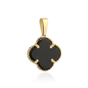 Zawieszka czarna koniczynka w oprawie złotych kuleczek 10 mm