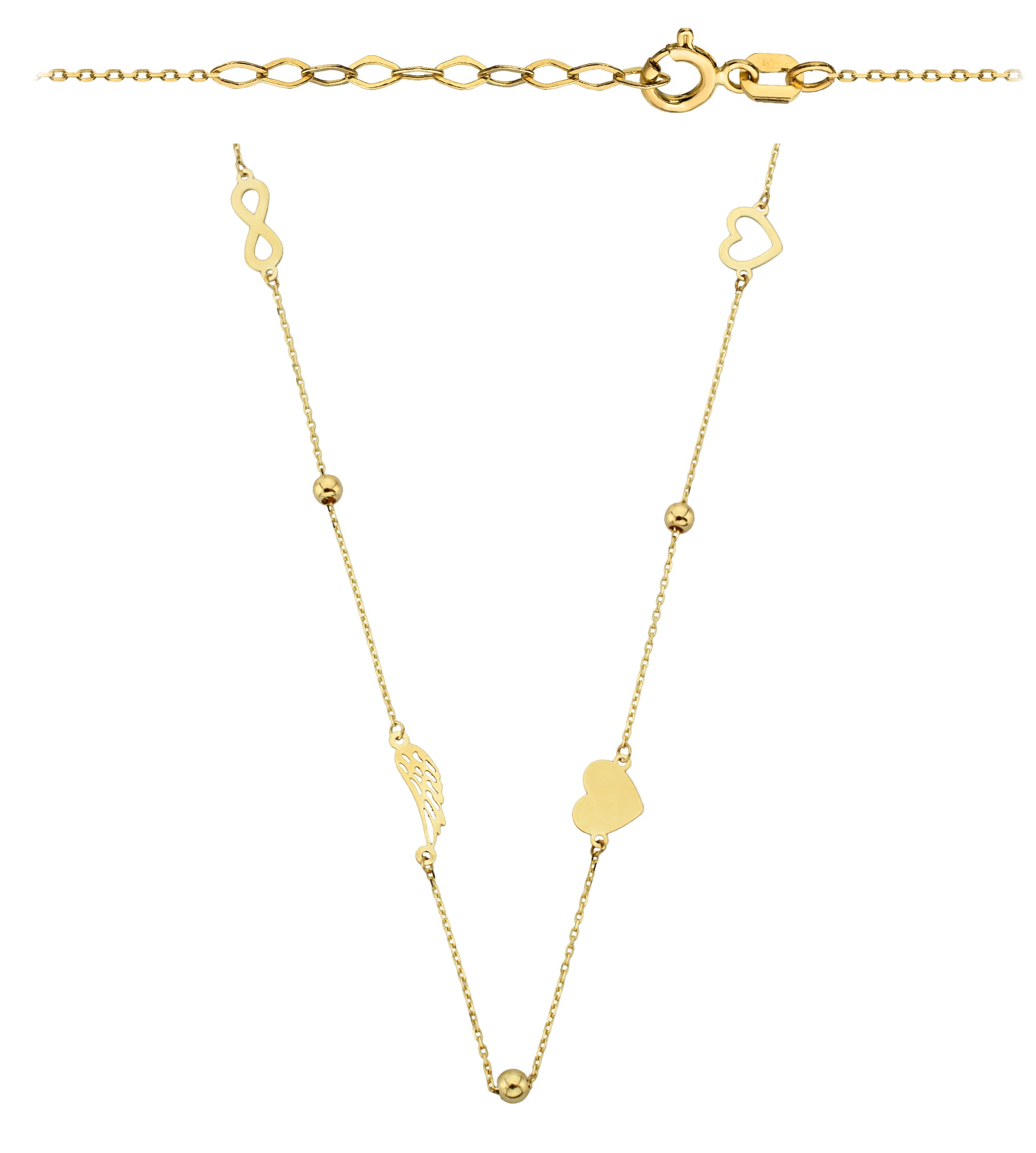 Naszyjnik nieskończoność gładkie kulki, skrzydło Anioła, serca pełne i kontur